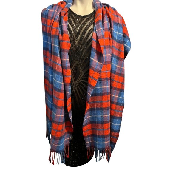 Plaid Fringe Flannel Scarf Wrap Red & Blue 85" X 26.5" Soft Acrylic By Gap - Picture 2 of 11